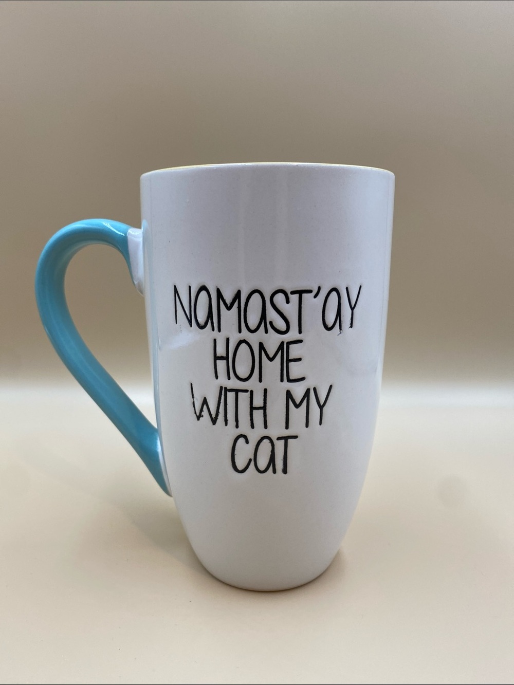 White Ceramic Mug with Blue Handle - Namast'ay Home With My Cat